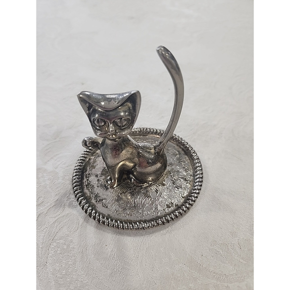 Unbranded Other - Vintage Mid Century Silver Plated Cat Figurine Ring Holder on Etched Tray 3.5"